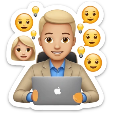 Focused online entrepreneur with laptop and phone, light glow, clean emoji style, simple background sticker