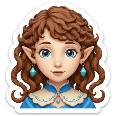 Kind Girl toymaker wood carving elf. Blue eyes. brown (just below chin length) wavy curly hair & bangs. Whimsical playful  sticker