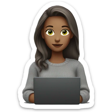 white skin woman, long brown hair, green eyes, in a grey sweater , holding black laptop sticker