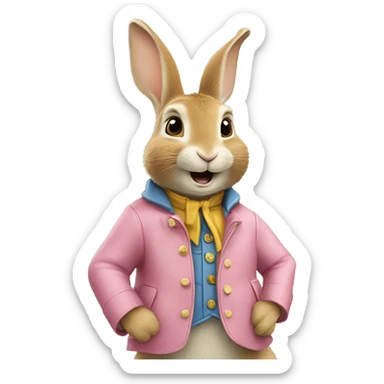 Peter rabbit: a yellow rabbit wearing a pink jacket. Eating a gorgonzola cheese sticker