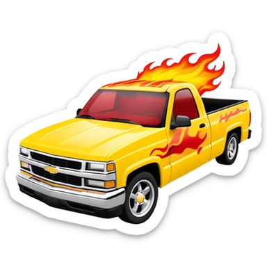 Bright yellow 1997 Chevy Silverado with custom airbrushed red flame paint job on hood extending to sides, exactly as in Kill Bill 'Pussy Wagon', 30-degree angle, iOS emoji style sticker