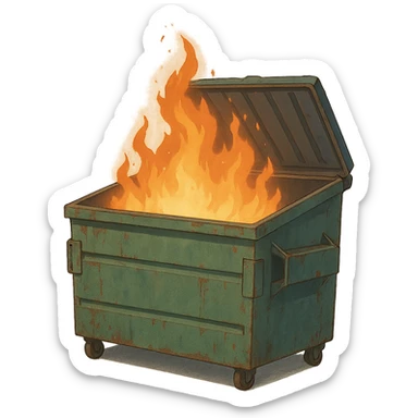 a dumpster, no lid, the lid is open, on fire sticker