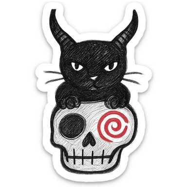Make the black cat with demon horns and skull less cartoonish, more realistic hand drawn style, bold lines, no fill, preserve the red spiral on the skull, transparent background. sticker