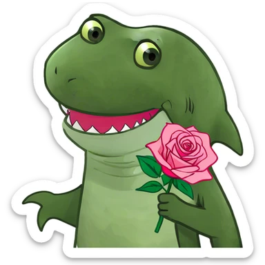 pink shark holding a rose sticker