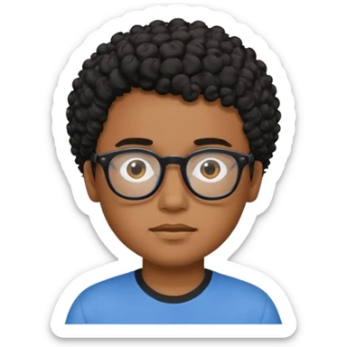 Menino moreno com cabelo curto cacheado preto, de óculos preto e blusa azul sticker
