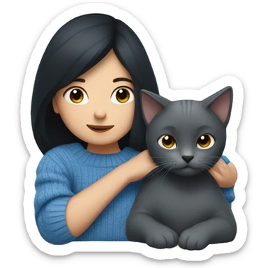 A girl with black hair wearing a blue sweater hugs a gray cat sticker