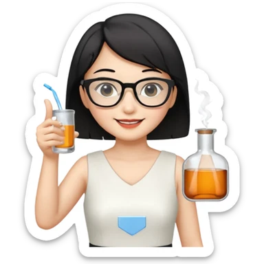 asian teacher with a white dress holding a flask with retangle glasses and black short hand make her smile and point to the right with her other hand sticker