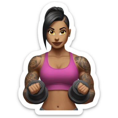 Tattooed girl big muscles lifting dumbbells sticker