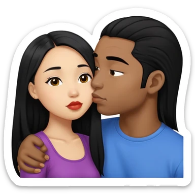 Light skin black man with buzzed black hair kissing asian girl with long black hair sticker