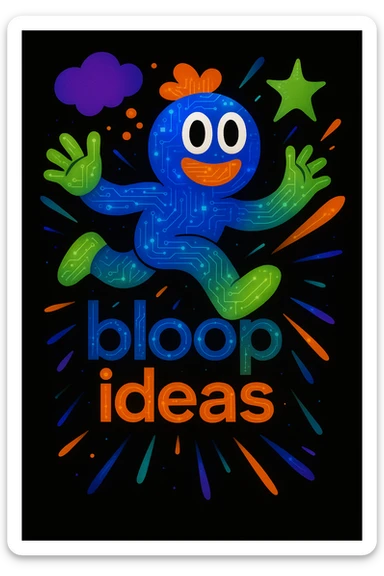 Add subtle tech details such as circuit patterns, digital dots, or glowing lines to the abstract mascot character. Maintain the playful, energetic, and imaginative vibe suitable for a black website background. Retain the bright, lively color palette and include the tagline 'bloop ideas'. sticker