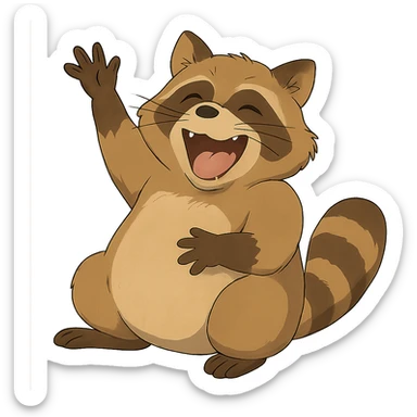 ghibli style raccoon laughing hard and waving sticker