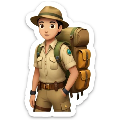 Icon for Adventure Movie: A vintage poster-style design featuring a daring explorer with a map, compass, and backpack. Include dramatic landscapes like jungles, mountains, and rivers, with a dynamic action scene. Bold, adventurous colors and a retro cinematic feel. Transparent background. sticker