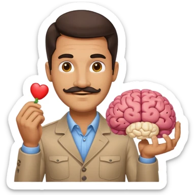 attractive man with dark hair and mustache holding a brain as an emoji sticker
