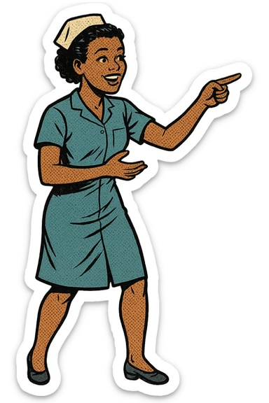 The full body of a caring young black female nurse with her hands pointing something out sticker