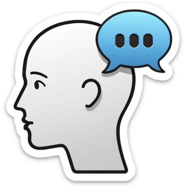 Minimalistic flat vector icon, iOS style, thin black contour on white background. Human head with speech bubble and small group of people silhouettes listening. Clean, no text, no shadows sticker