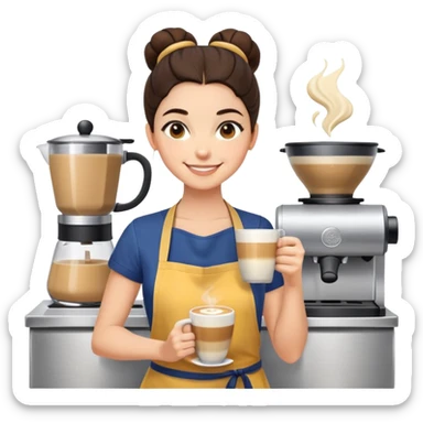 Cute brunette barista girl with hair in a bun wearing yellow shirt and dark blue apron, she's relaxed and making latte art, smiling at the coffee cup sticker