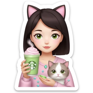 asian girl with short dark brown hair with a soft girl pink glowup aesthetic. matcha latte sparkles girly things, 2 ragdoll cats, skincare, makeup, money, luxury sticker