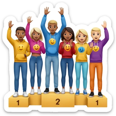 multi-racial men and women standing on a winners’ podium with the middle podium position elevated, no numbers on the podium, each person casually dressed in fun colorful jeans t-shirts and hoodies, excited fun expressive emoji style sticker