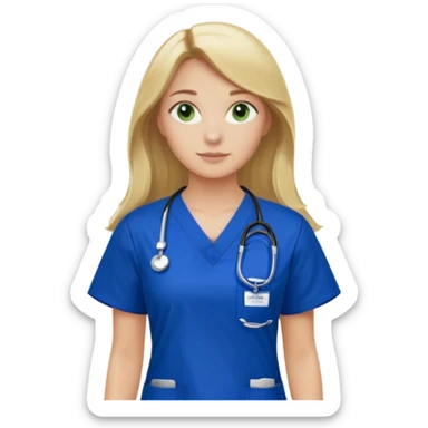 Long blonde haired girl with green eyes wearing royal blue scrubs with Denver Health written on scrub top sticker