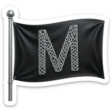 ...Minimalist 3D isometric render based on image_1.png: a large, sharp, geometric letter 'M' woven with matte steel-grey thread central on the draped black silk flag. Polished steel pole, pure white background for sticker quality --no background sticker
