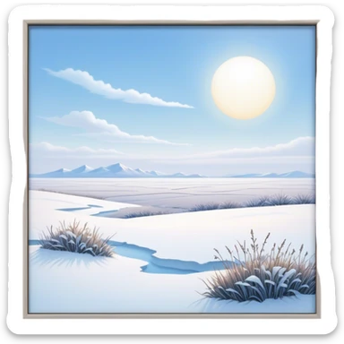 Cinematic Realistic Tundra Emoji in a wooden frame, Vast and cold, with wide expanses of snow-covered ground, sparse grasses poking through, and the occasional hardy shrub breaking up the pale white landscape. The sky above is a pale, frosty blue, and the light reflects off the snow, creating a serene yet starkly beautiful environment. Soft glowing outline, capturing the essence of a quiet, still, frozen wilderness where life endures despite the harsh conditions. sticker