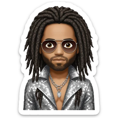 Lenny Kravitz with long dark brown dreadlocks, silver sequin outfit sticker