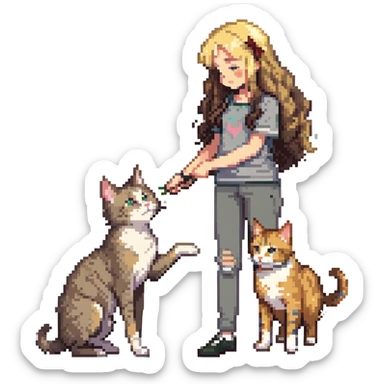 Remix: Beautiful girl with long curly brown hair, inspired by the reference, petting a gray and blonde mixed cat, pixel art style, girl standing, cat rubbing against her leg sticker