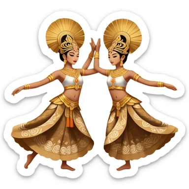 ​Cinematic Realistic Traditional Javanese Dancers, depicted as two graceful dancers in ornate traditional costumes with intricate batik patterns and elaborate headpieces, captured in dynamic poses during a ritual dance in an ancient temple courtyard, rendered with soft golden lighting and rich cultural textures, sticker