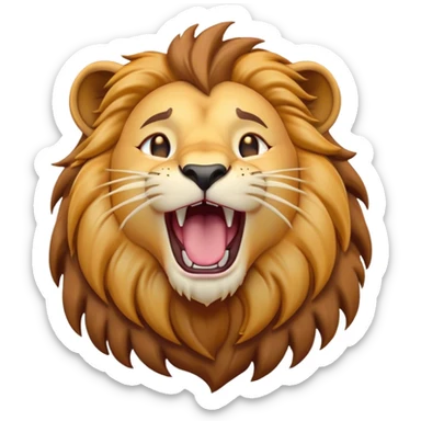 Cinematic Cute Yawning Lion Portrait Emoji, Head tilted slightly with a dramatic, wide-open yawn, showcasing a soft, downy tawny Fur with a majestic mane, floppy ears slightly drooping, round amber eyes barely open in drowsy contentment, Simplified yet irresistibly adorable features, highly detailed, glowing with a soft, cozy glow, high shine, relaxed yet expressive, stylized with a touch of savannah whimsy, bright and endearing, soft glowing outline, capturing the essence of a sleepy yet affectionate lion, so drowsy it feels like it could stretch out of the screen and curl up for a nap! sticker