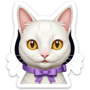 Head of a white cat, smiling, with a loose ribbon on top of its head
 sticker