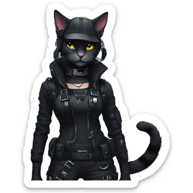 Gorgeous dark techwear cyberpunk style sona anthro cat, aesthetic, and pretty edgy black with collar and harness, trending style sticker
