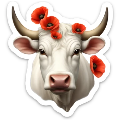 Realistic gentle White Bull Ox with many poppies on big horns sticker