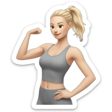 Pale skinned fit woman In a gray tight yoga suit and wristbands With ash blonde hair in a bun doing yoga sticker