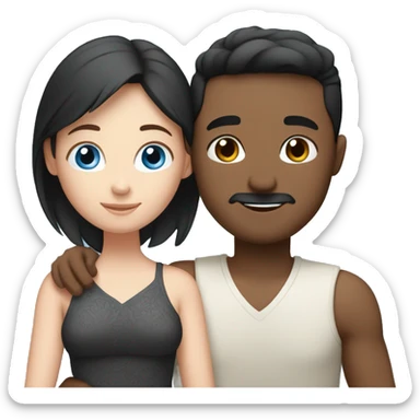 Friends hugging each other. Indian man, short black hair. White woman, blue eyes and brown hair sticker