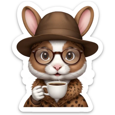 rabbit drink coffe with hat and glasses sticker