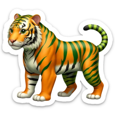 full body green tiger with black stripes, all fur green, muscular, on all fours, no orange sticker