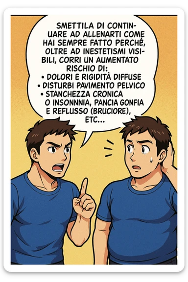 TRASFORMA QUESTO CAROSELLO IN UN FUMETTO STILE MANGA A COLORI CON QUESTE DUE PERSONE IDENTICHE CHE INTERLOQUISCONO TRA LORO:

LUI (UOMO): Smettila di continuare ad allenarti come hai sempre fatto perché, oltre ad inestetismi visibili, corri un aumentato rischio di:
    • dolori e rigidità diffuse
    • disturbi pavimento pelvico
    • stanchezza cronica o insonnia
    • pancia gonfia e reflusso (bruciore)
    • etc… sticker