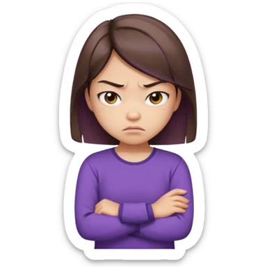 Angry Pouty girl with small asian eyes folding arms in a purple longsleeve shirt she has fair skin and medium length brown hair with highlights sticker