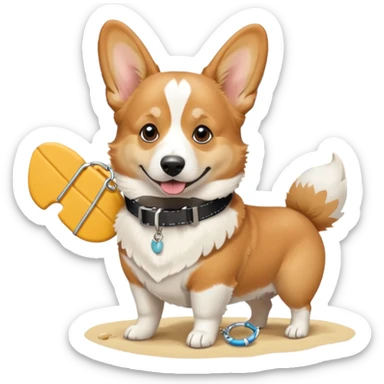 Male Tan and white Corgi on a beach with. Collar That Say Bubba sticker