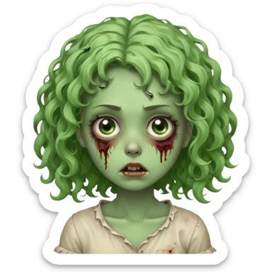Uma garota zumbi com o cabelo cacheado baixo e mecha descolorida,olho meio grande e bonitos e rosto redondo bem fofinha e linda e com aparência de zumbi verde e meio assustadora com o semblante de cansada sticker