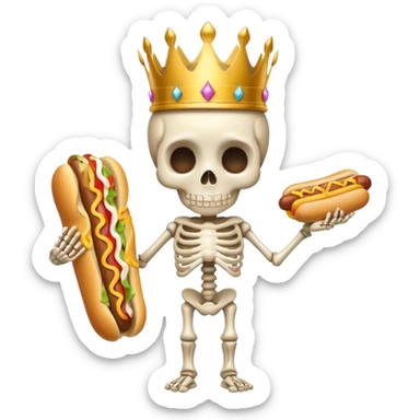 A cute skeleton wearing crown and holding hot dog full body sticker