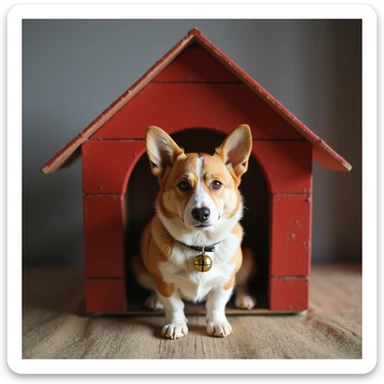 realistic red dog house with a Corgi dog inside, Corgi with a bell, photorealistic style sticker