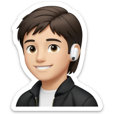 Boy with a mullet haircut (with some hair visible in the back), wearing wireless AirPods, smiling, with slightly tan skin and a black jacket. sticker