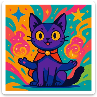 magical cat, vibrant cartoon style, visible magical powers, colorful background sticker