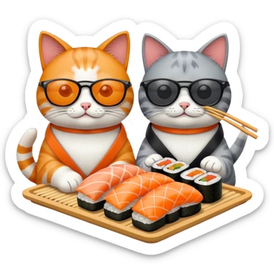 two cats wearing sunglasses eating sushi sticker