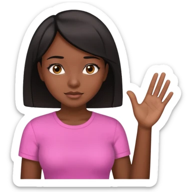 Dark skin girl asking for money with hand out make her more fabulous but still a clean look with a black bob and pink shirt  brown eye  sticker