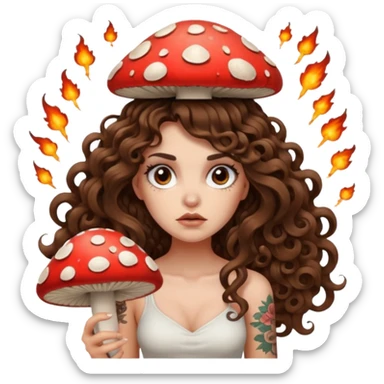 woman with long curly brown hair, brown eyes, white skin, tattoos, unimpressed stare while mushroom explodes behind her sticker