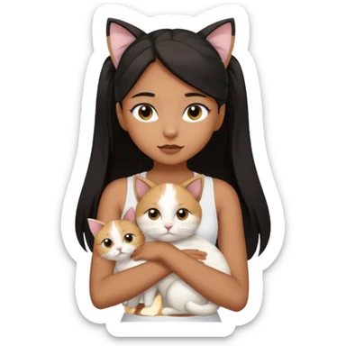 An brown skin Teenager girl with brown eyes, long black hair in a high ponytail, with a white crop top holding her white cat which has folded ears  sticker