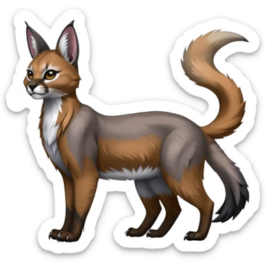 Realistic patterned marked edgy greyish blackish whitish silvery coppery Shiny Colorful Glossy Caracal-Fox-Cabbit-Lion-Bobcat-fusion-animal-hybrid-creature, full body, big-tufted-bat-ears, long-thin-tufted-white-tipped-tail sticker