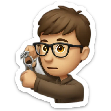 brown-short-haired man wearing glasses, struggling to fit a key into a door-lock sticker